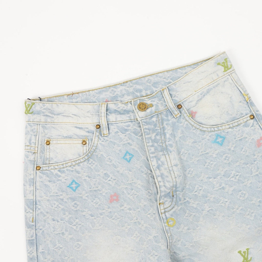 Louis Vuitton Pastel Monogram Embroidered Jeans - Light Wash Blue - detail view 4
