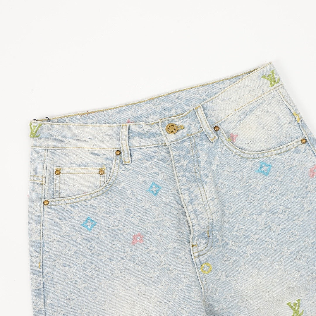 Louis Vuitton Pastel Monogram Embroidered Jeans - Light Wash Blue - detail view 4