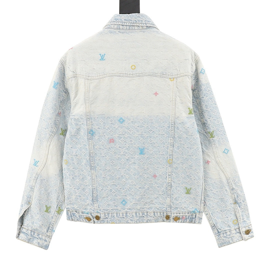 Louis Vuitton Pastel Monogram Embroidered Denim Trucker Jacket - Light Blue - back view