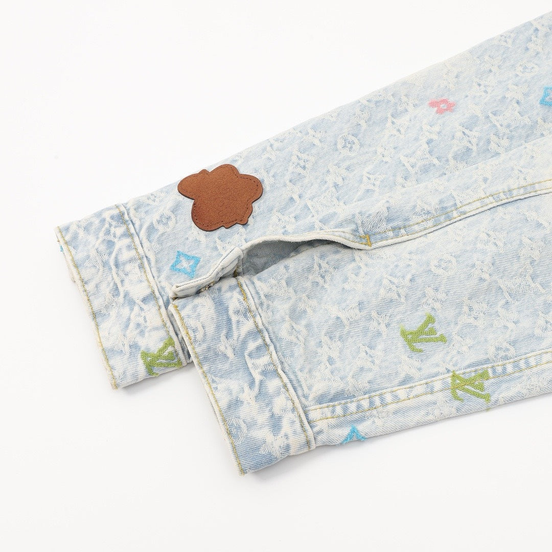 Louis Vuitton Pastel Monogram Embroidered Denim Trucker Jacket - Light Blue - detail view 2