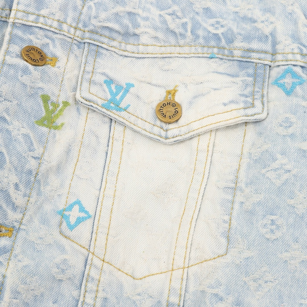 Louis Vuitton Pastel Monogram Embroidered Denim Trucker Jacket - Light Blue - detail view 3