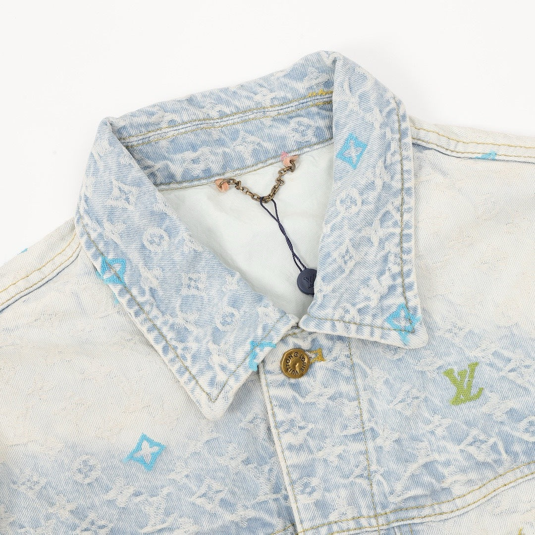 Louis Vuitton Pastel Monogram Embroidered Denim Trucker Jacket - Light Blue - detail view 4