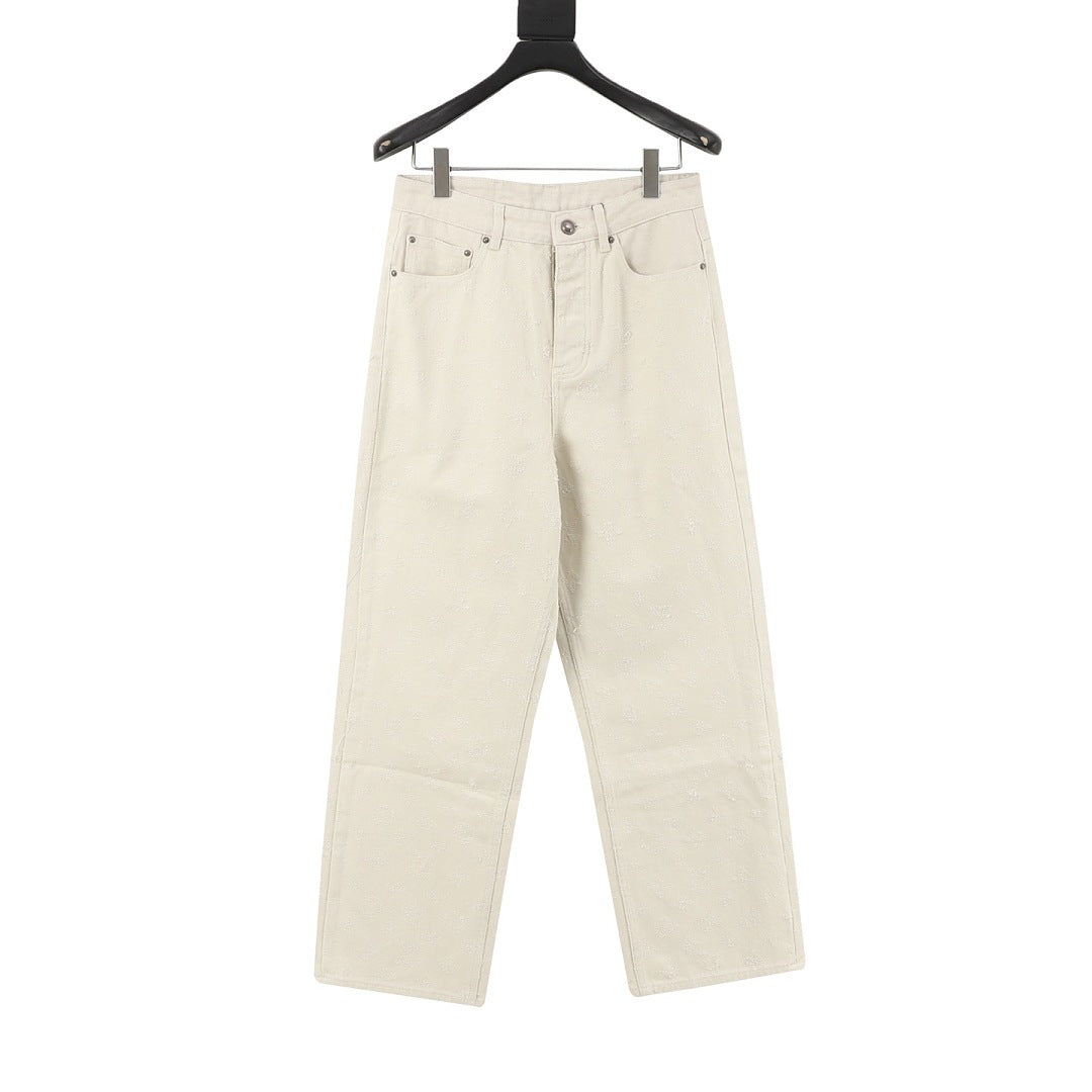 Louis Vuitton Tonal Monogram Wide-Leg Denim Jeans - Ivory - front view