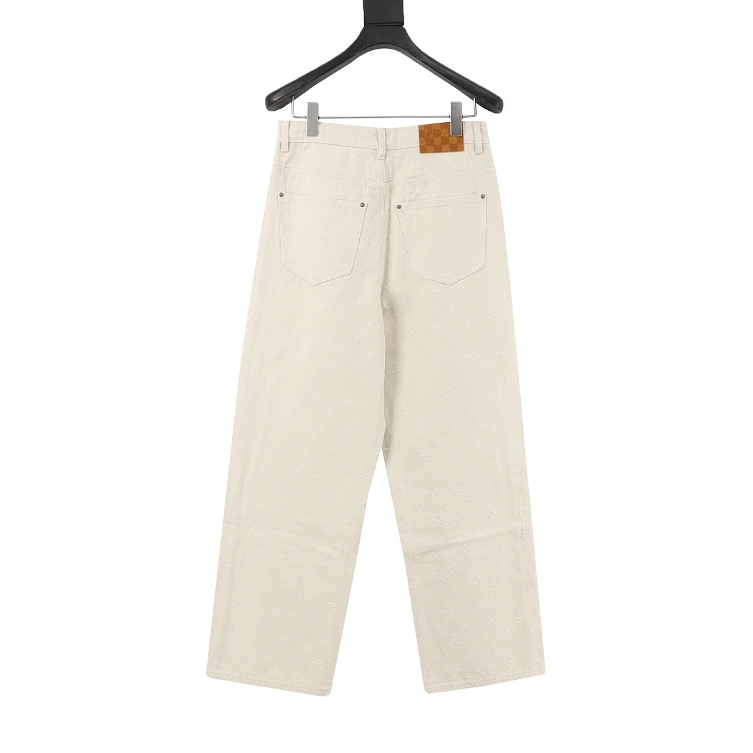 Louis Vuitton Tonal Monogram Wide-Leg Denim Jeans - Ivory - back view