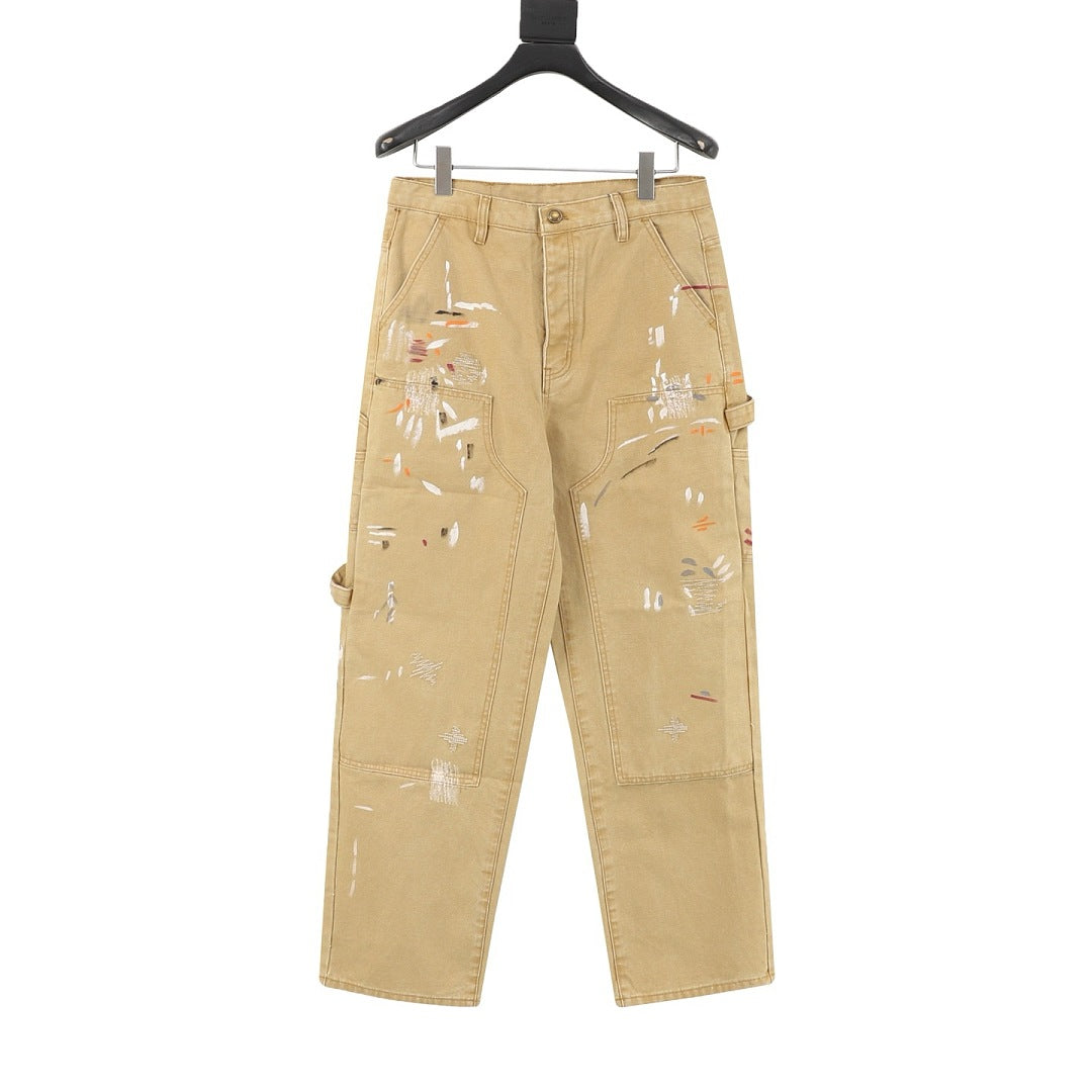 Louis Vuitton Paint-Splatter Carpenter Jeans with Utility Pockets - Tan - front view