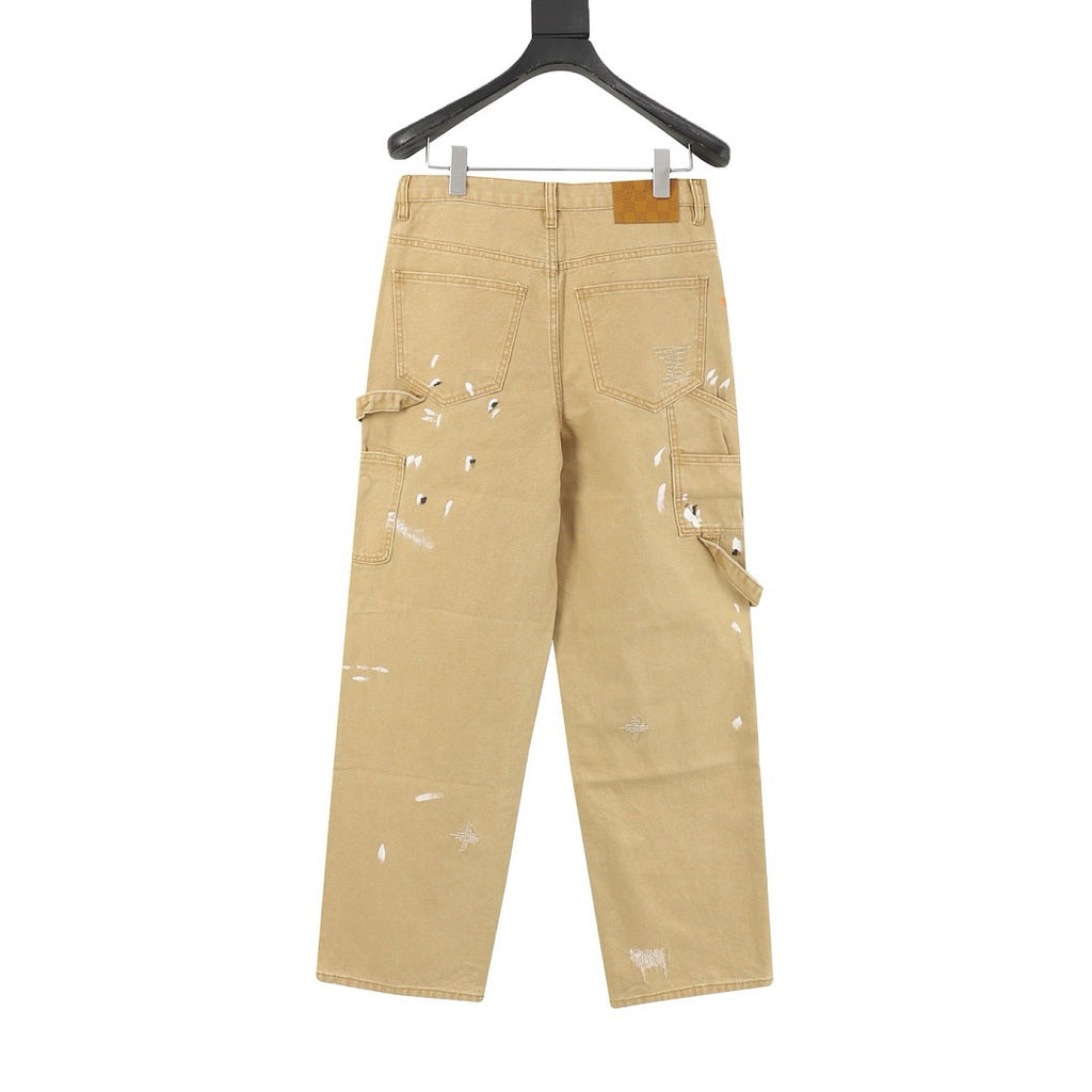 Louis Vuitton Paint-Splatter Carpenter Jeans with Utility Pockets - Tan - back view