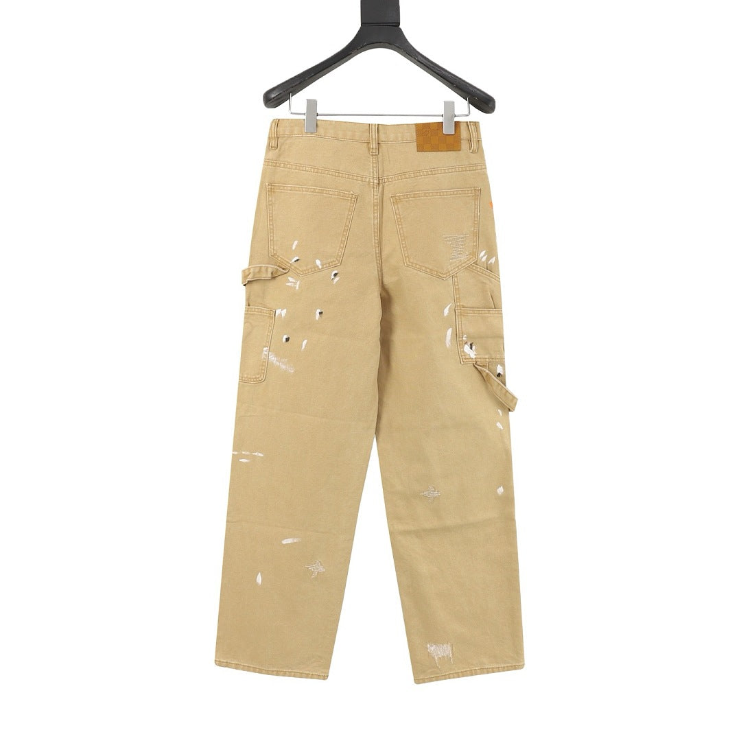 Louis Vuitton Paint-Splatter Carpenter Jeans with Utility Pockets - Tan - back view