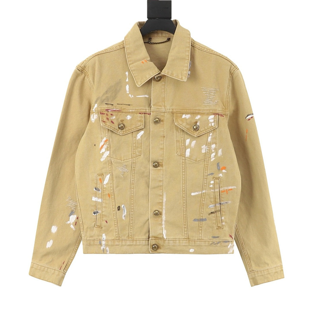 Louis Vuitton Paint-Splatter Denim Trucker Jacket - Tan - front view