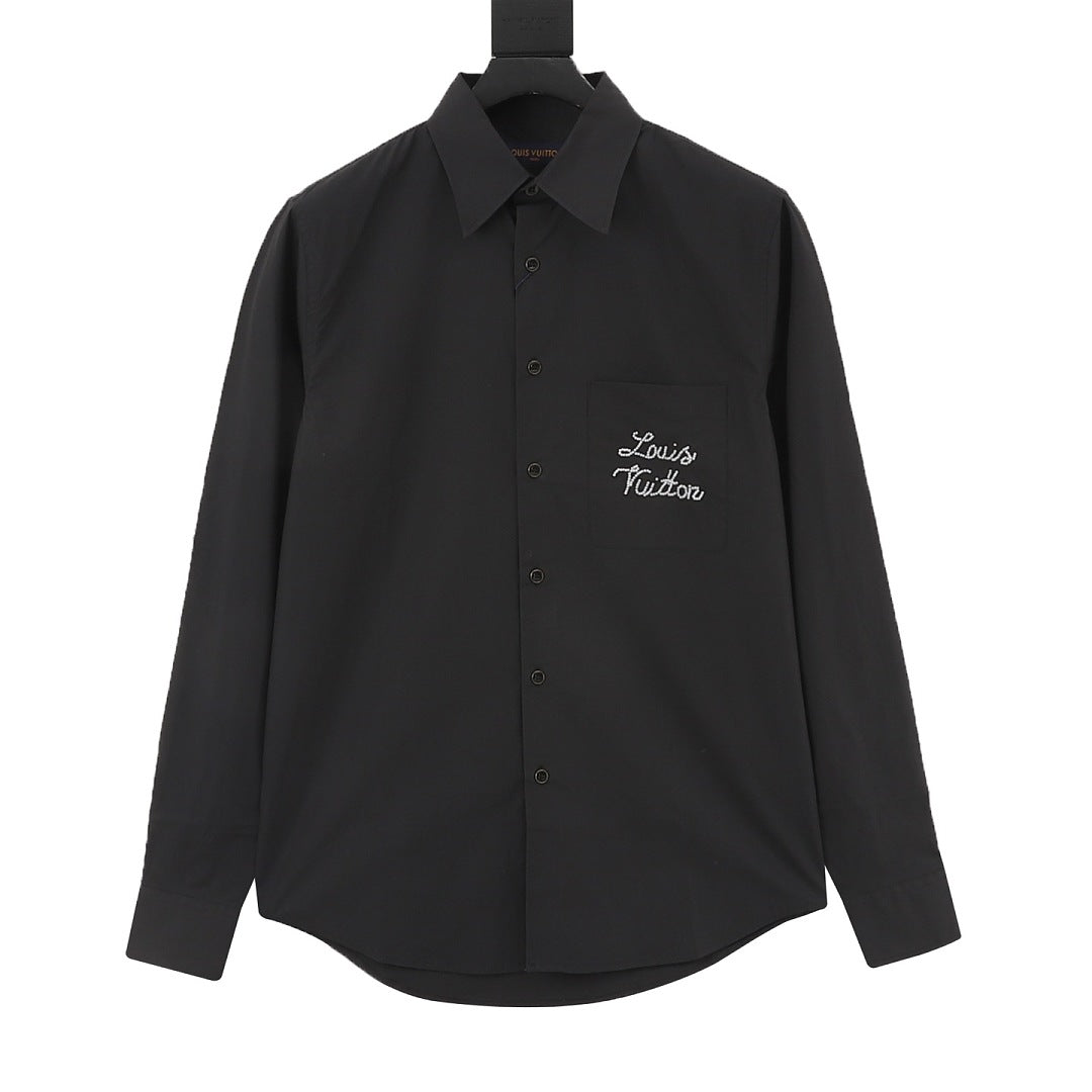 Louis Vuitton Beaded-Look Script Pocket Long-Sleeve Shirt - Black - front view
