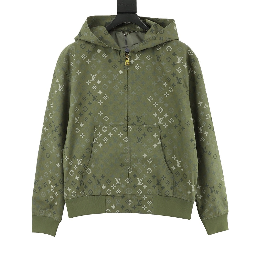 Louis Vuitton All-Over Monogram Hooded Zip-Up Jacket - Olive Green - front view