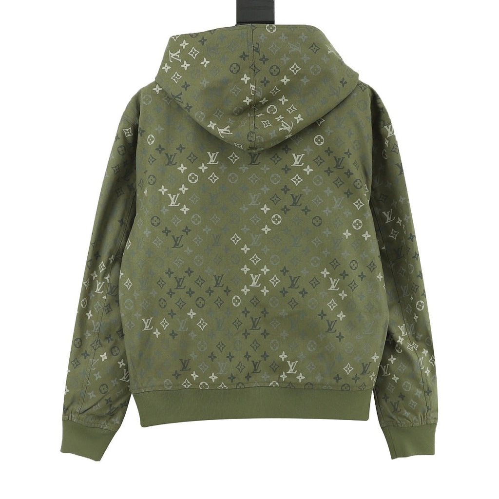 Louis Vuitton All-Over Monogram Hooded Zip-Up Jacket - Olive Green - back view