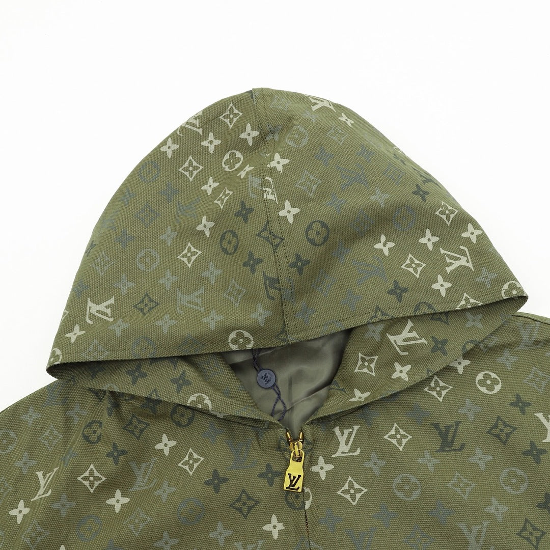 Louis Vuitton All-Over Monogram Hooded Zip-Up Jacket - Olive Green - detail view 3
