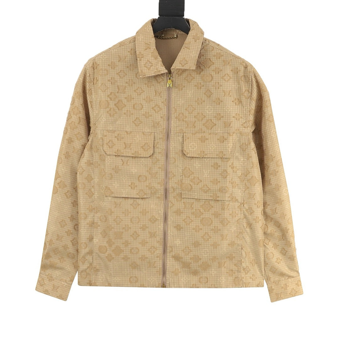 Louis Vuitton Monogram Grid Zip-Up Shirt Jacket with Flap Pockets - Sand - front view
