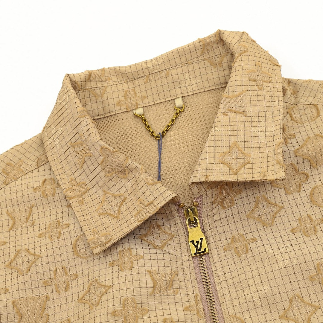 Louis Vuitton Monogram Grid Zip-Up Shirt Jacket with Flap Pockets - Sand - detail view 4