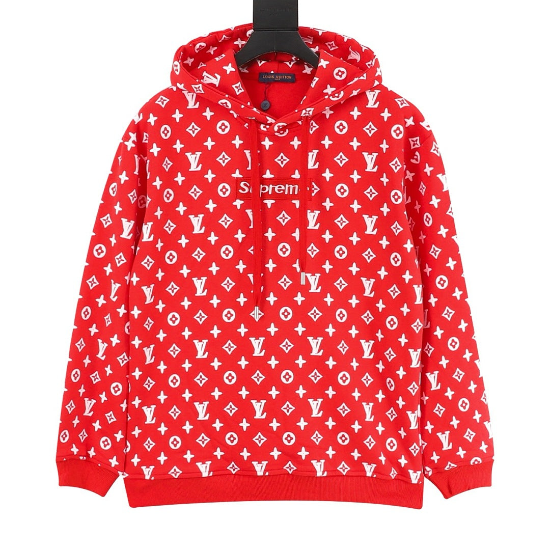 Louis Vuitton Monogram Box-Logo Pullover Hoodie - Red and White - front view