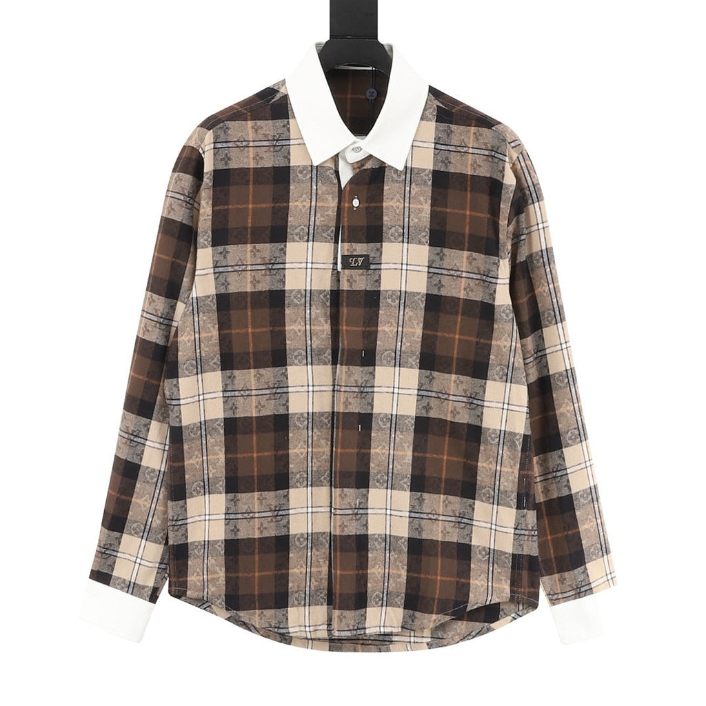Louis Vuitton Monogram Plaid Long-Sleeve Shirt with Contrast Collar - Brown - front view