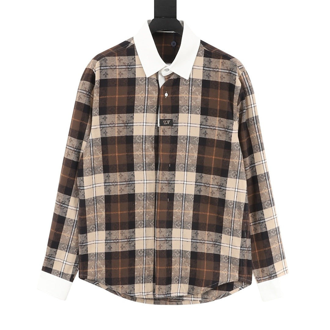 Louis Vuitton Monogram Plaid Long-Sleeve Shirt with Contrast Collar - Brown - front view