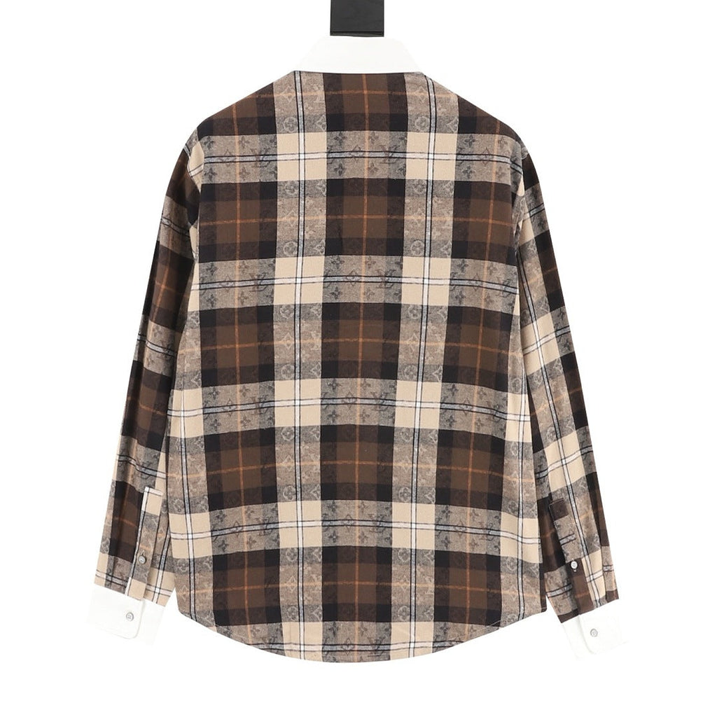 Louis Vuitton Monogram Plaid Long-Sleeve Shirt with Contrast Collar - Brown - back view