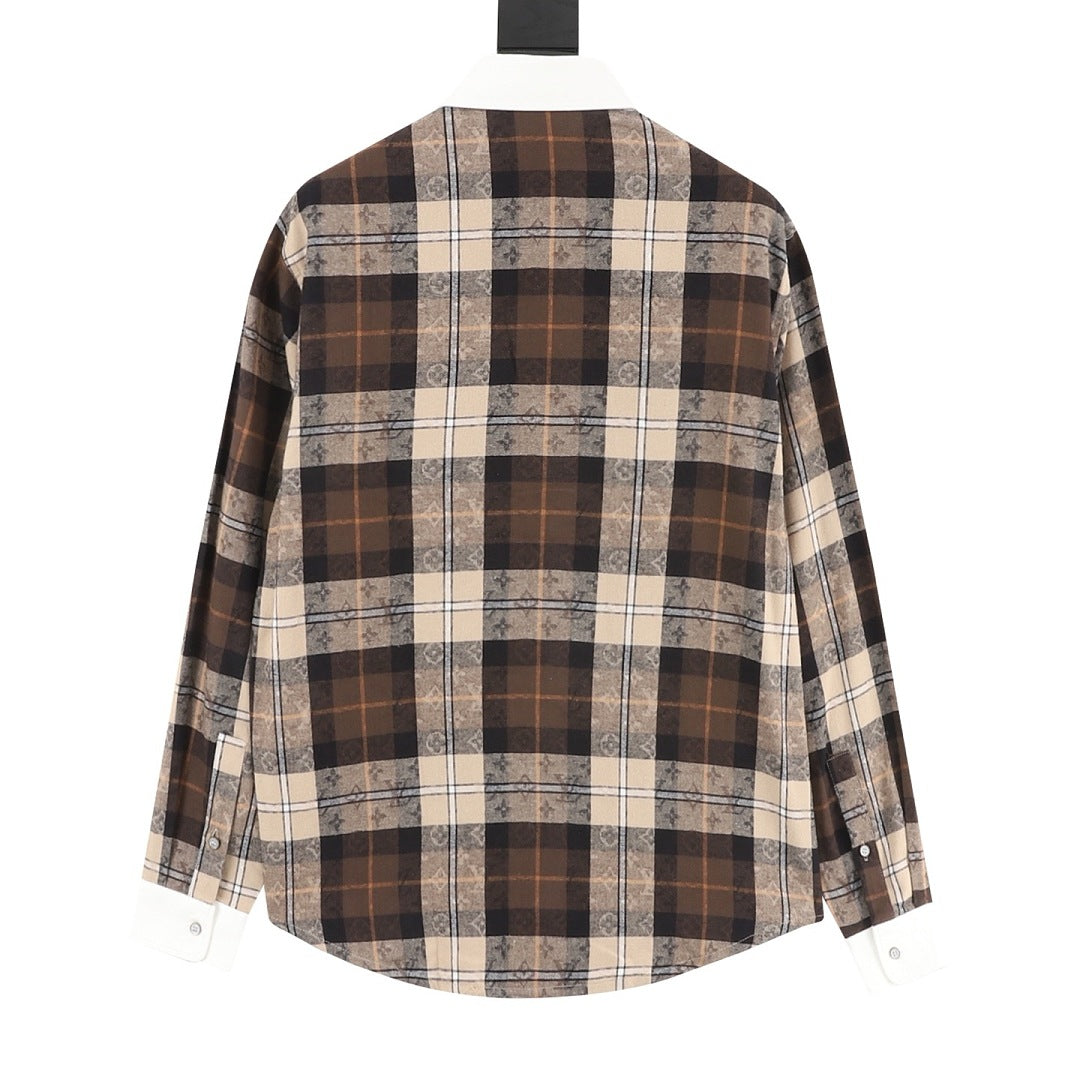 Louis Vuitton Monogram Plaid Long-Sleeve Shirt with Contrast Collar - Brown - back view