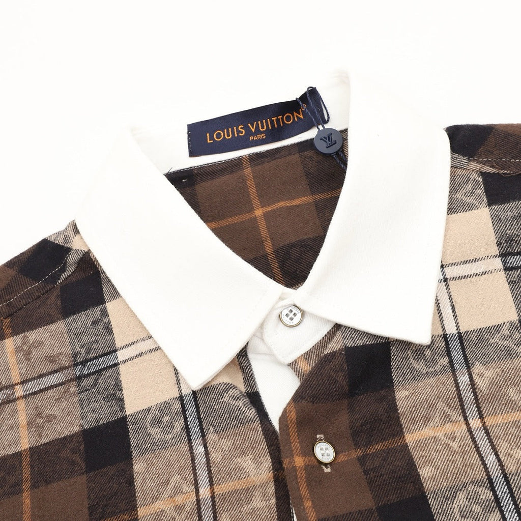 Louis Vuitton Monogram Plaid Long-Sleeve Shirt with Contrast Collar - Brown - detail view 4