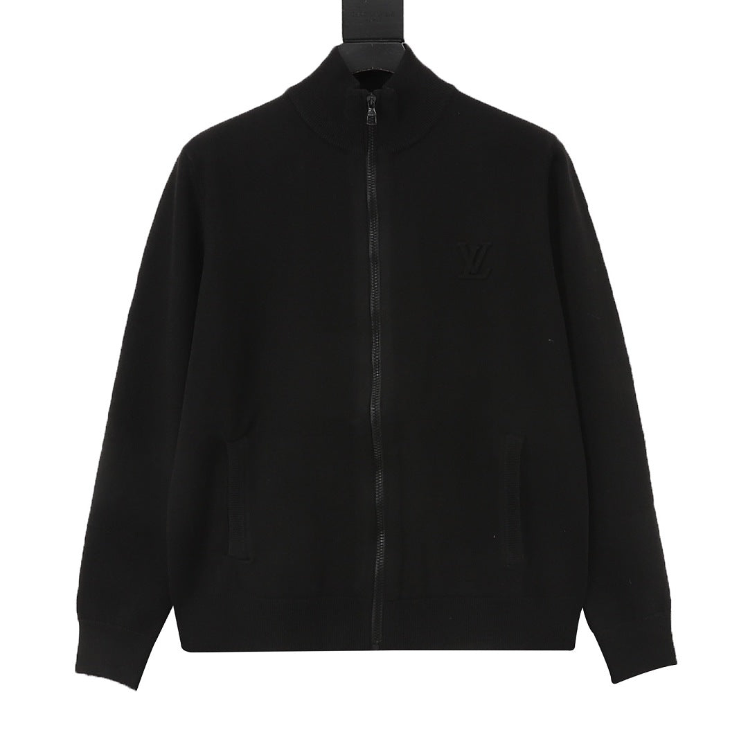 Louis Vuitton Black Stand-Collar Zip-Up Knit Jacket with Ribbed Trim - front view
