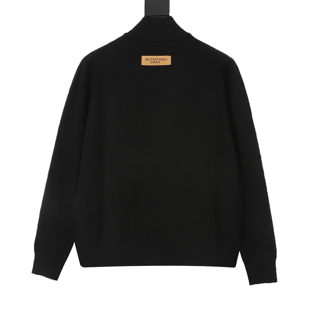 Louis Vuitton Black Stand-Collar Zip-Up Knit Jacket with Ribbed Trim - back view