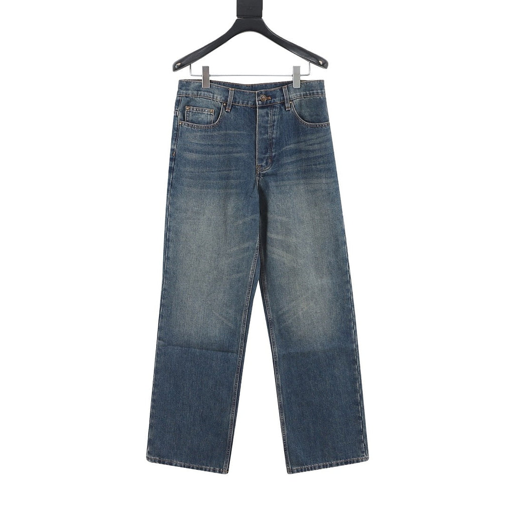 Louis Vuitton Washed Blue Straight-Leg Jeans with Contrast Monogram Back Pockets - front view
