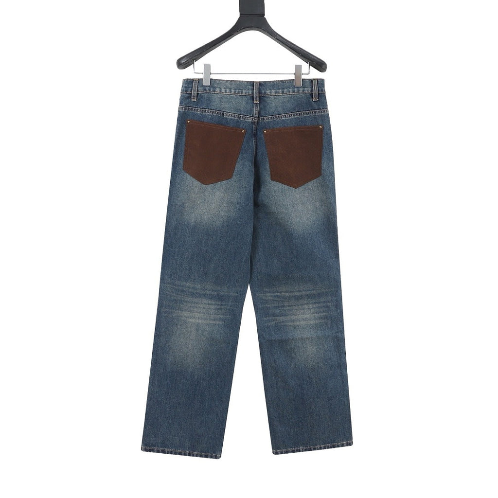 Louis Vuitton Washed Blue Straight-Leg Jeans with Contrast Monogram Back Pockets - back view